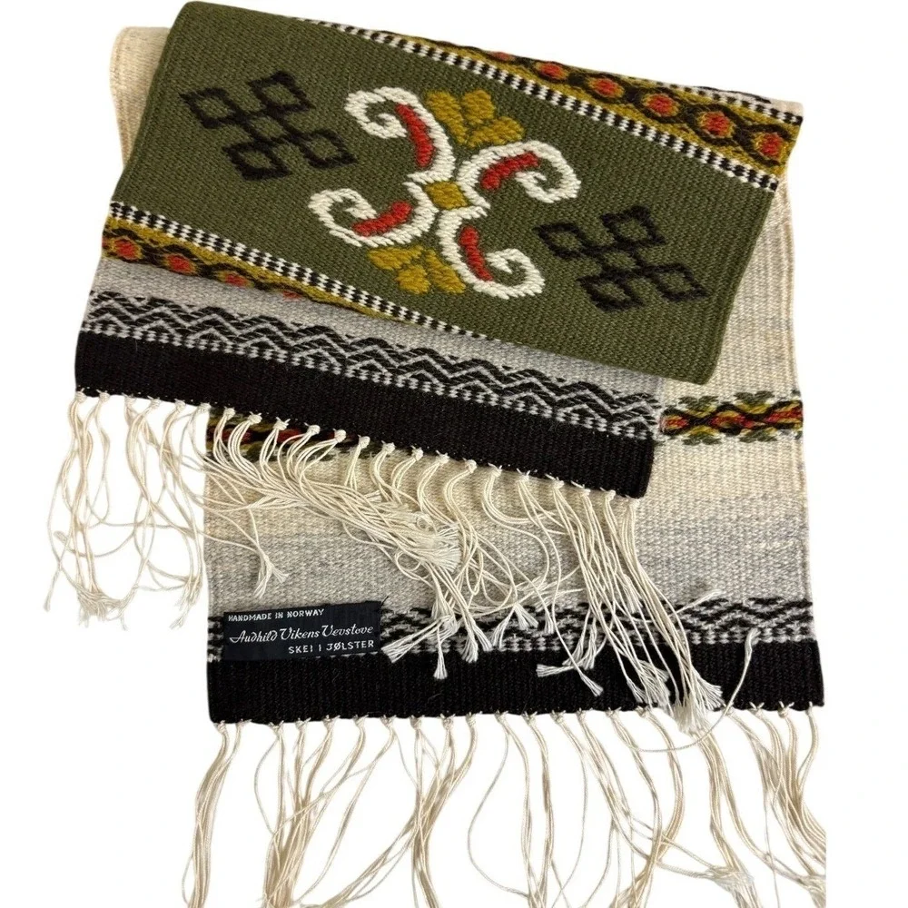 Audhild Vikens Vevstove Norwegian Woven Wool Table Runner Handmade Olive Cream